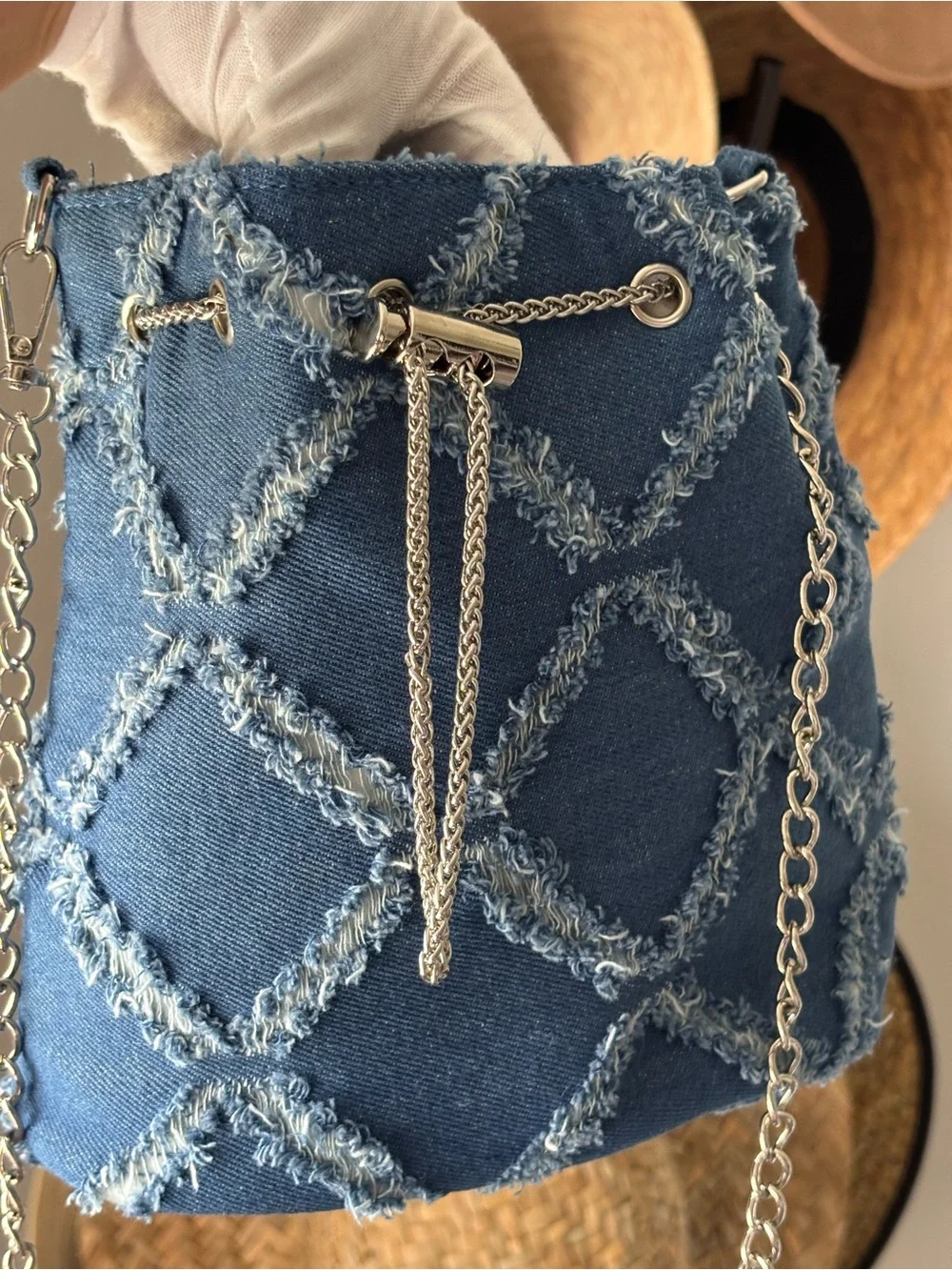 Denim Bucket Bag Frayed Patchwork Silver Chain Crossbody Shoulder Purse Blue
